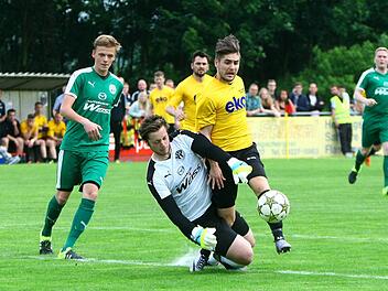 Kein Elfmeter. Der Stadtsteinacher Jakob Dusek hatte schon in der 6. Minute eine Gro&szlig;chance, doch der Neudrossenfelder Torwart Tobias Obwandner schritt noch entscheidend ein. Foto: Monika Limmer