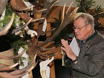 Begutachtung der Geweihe: Christoph Frucht, Leiter der Rotwild-Hegegemeinschaft, würdigte die ausgestellten Trophäen.  Foto: Gerd Schaar
