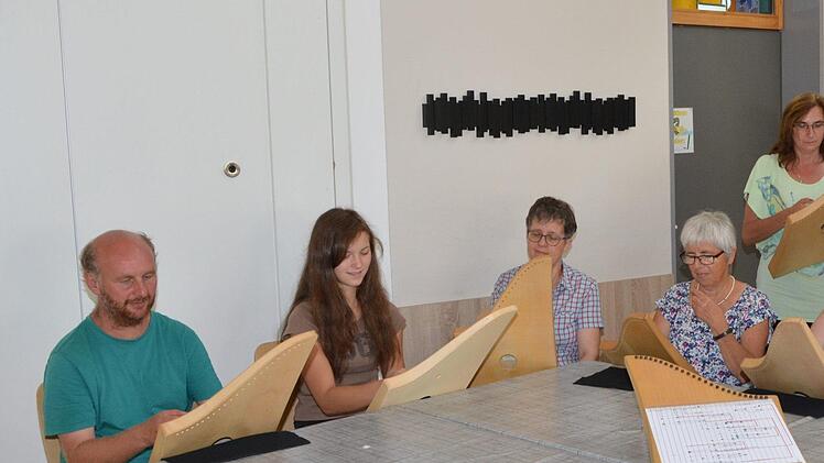 Die Nüdlinger Veeh-Harfen-Gruppe probt für die nächsten Auftritte.  Fotos: Björn Hein