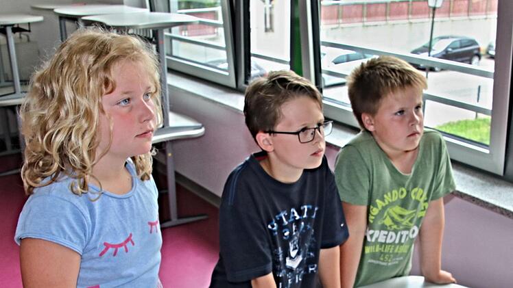 Konzentriert sind Annemarie, Jannes und Joshua (von links) vor der Schautafel die einen Überblick über die Betätigungsfelder der Landwirtschaft gibt. Foto: Helmut Will