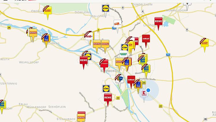 Apps wie kaufDA oder MeinProspekt helfen, unterwegs den nächstgelegenen Supermarkt oder Discounter zu finden. Screenshots: Redaktion
