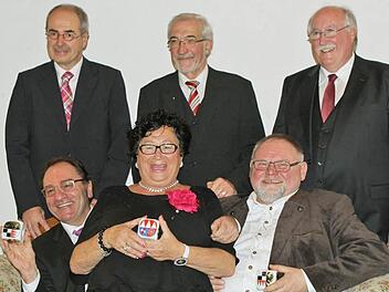 Gruppenbild mit Dame: die frisch gekürten "Frankenwürfel"-Preisträger (vorne,  von links) Bernd Händel, Hannelore Hock und Hans-Joachim Hansen mit ihren Laudatoren, den Regierungspräsidenten Thomas Bauer, Paul Beinhofer und Wilhelm Wenning (hinten, von links). Foto: Jochen Nützel