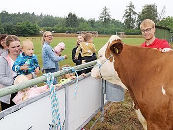 Kuh-Lotto beim Familienfest des SV Hut: Die Kuh Lieselotte aus dem Stall von Andreas Becker spielte Glücksfee. 2. Vorsitzender Georg Wegener führte die Kuh über das Sportplatzgelände.  Foto: Wolfgang Desombre