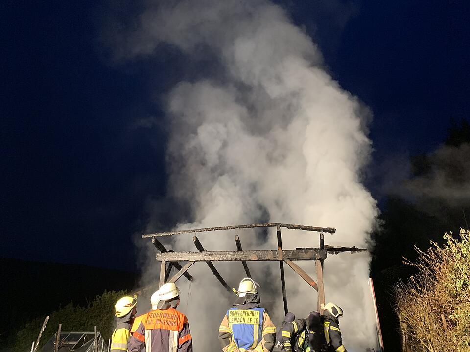 Ein am Samstagmorgen aus bislang unbekannter Ursache ausgebrochener Brand eines Carports in Leinach (Landkreis Würzburg/Unterfranken) griff auf eine benachbarte Hütte über und führte zum vollständigen Ausbrennen eines Peugeots, eines Motorbootes und Wohnwagens.