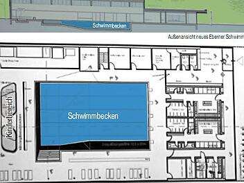 Diese Konzeption sahen die ersten Pläne des beauftragten Büros vor. Der Kinderbereich links könnte nun der Finanznot zum Opfer fallen. Quelle: Foto von Plan/FT-Grafik: Dietmar Rothe