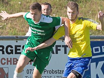 Der Neuzugang des FC Mitwitz, Kevin Kleylein, (gelbes Trikot) präsentierte sich in der Vorbereitung in guter Form, meint Weißbrodt. So wie hier im Testspiel gegen den SV Friesen und Michael Söllner.  Foto: Heinrich Weiß