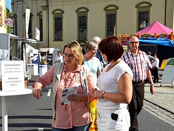 Dicht gedrängt sieht anders aus: Am Nachmittag waren weniger Besucher als sonst auf dem Burkardrother Frühjahrsmarkt unterwegs. Hier ist Allianzmanagerin Ganna Kravchenko im Gespräch zu sehen, die diesmal auch über das Energieprojekt der Allianz Kissinger Bogen informierte. Foto: Kathrin Kupka-Hahn