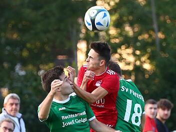 Wie schon vor zehn Tagen im Ligapokalspiel gegen den FC Coburg will der SV Friesen um Hannes Nützel und Alexander Kunz (grüne Trikots, von links) am Samstag einen Heimsieg feiern. Diesmal ist der Gegner die sechstplatzierte DJK Schwebenried/Schwemmelsbach.  Foto: Heinrich Weiß
