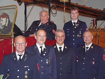Ehrungen bei der Feuerwehr Bad Kissingen: (hinten von links) Wolfgang Hippler, Marco Albert, (vorne) Rainer Schmitt, Andreas Kröber, Michael Wolf und Harald Albert.