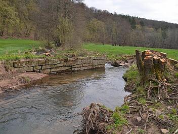 Dieses teils verfallenen Bewässerungswehr an der Aschach hat die Initiative für den geplanten Kulturweg ausgelöst. Seit mehr als 20 Jahren überlegen Mitglieder des Rhönklubs schon, wie dieses bewahrt werden kann. Fotos: Kathrin Kupka-Hahn