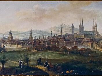 Bamberg von Norden aus gesehen: Ein Auszug aus dem Bild, das  Johann Joseph Christoph Treu von der Domstadt 1767 auf Leinwand bannte. Repro: Eberhard Lantz/Bayerisches Landesamt für Denkmalpflege