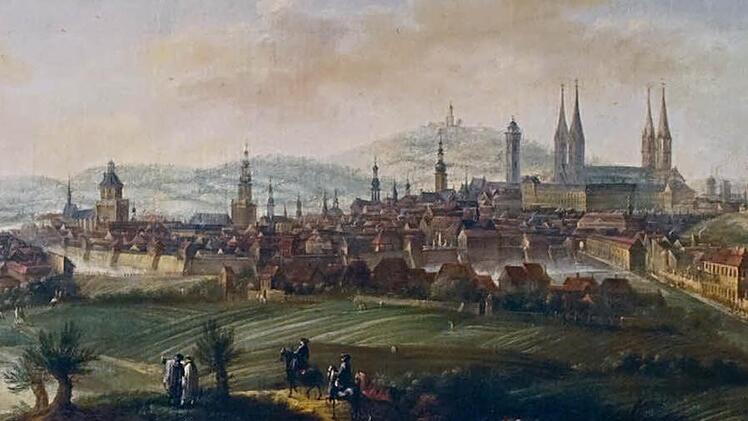 Bamberg von Norden aus gesehen: Ein Auszug aus dem Bild, das  Johann Joseph Christoph Treu von der Domstadt 1767 auf Leinwand bannte. Repro: Eberhard Lantz/Bayerisches Landesamt für Denkmalpflege
