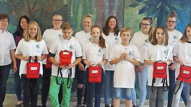 Die neuen Schulsanit&auml;ter mit (von links) Erste-Hilfe-Ausbilderin Susanne Ludwig und Konrektorin Sabine S&ouml;llner.  Foto: Heike Sch&uuml;lein