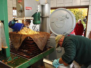 In dem Moser werden die Früchte gepresst. Die Abfälle, die die Maschine ausspuckt, werden aufgefangen. Den so genannten Trester bekommen Jäger, die damit das Wild füttern. Seit Jahren an der Presse des Obst- und Gartenbauvereins Schwarzach-Schmeilsdorf arbeiten Herbert Sommer (links) und Wilfried Högen.  Fotos: Jürgen Gärtner