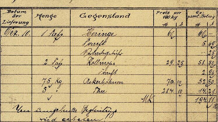 Rechnung der Küchenverwaltung des Gefangenenlagers Aschaffenburg für das Bürgermeisteramt Oberleichtersbach. Foto: Heimatbuch Oberleichtersbach