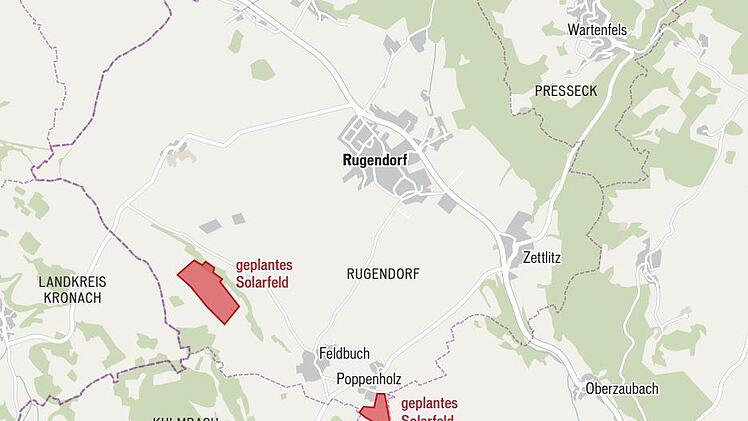 Klimaschutz durch erneuerbare Energie aus Solarzellen südwestlich Rugendorf (rote Flächen) oder Schutz wertvoller landwirtschaftlich nutzbarer Flächen - der Rugendorfer Gemeinderat hat ein Dilemma. Grafik: BR