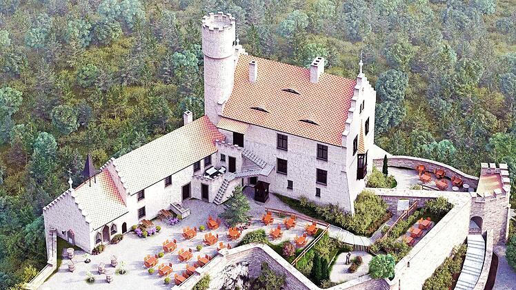 So wie auf diesem Modell soll die wiederbelebte Gastronomie mit dem neuen „Castlewalk“ (links) nächstes Jahr aussehen. Die Mitglieder des Bau- und Umweltausschusses stimmten den Plänen des Burgverwalters Thomas Pleiner zu.