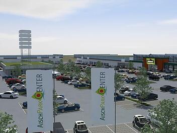 Die Visualisierung des Architekten zeigt, wie das Aischpark-Center aus Richtung Kieferndorfer Weg einmal aussehen soll.  Visualisierung: Ralph Küster, Projektentwickler und Architekt, Großenseebach