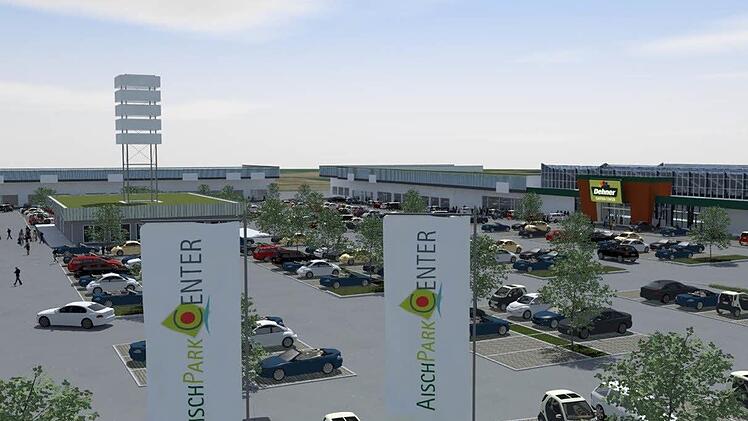 Die Visualisierung des Architekten zeigt, wie das Aischpark-Center aus Richtung Kieferndorfer Weg einmal aussehen soll.  Visualisierung: Ralph Küster, Projektentwickler und Architekt, Großenseebach