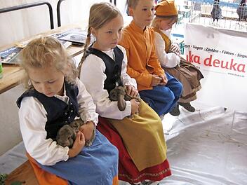 Die Kinder konnten im Deutschordensschloss kleine Kaninchen streicheln.  Foto: Sabine Scheuble