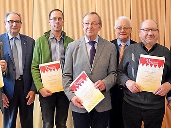 Die geehrten Vorsitzenden mit den Verbandsfunktionären und Landrat Johann Kalb (von links): Geo Weschenfelder für Baptist Merkel (Mürsbach), Peter Märkel, Reiner Hetzel (Liederkranz Ebensfeld), Walter Hartmann (Cäcilia Breitengüßbach), Peter Jacobi, Präsident des Fränkischen Sängerbundes, Werner Zink (Schlüsselfeld) und Landrat Johann Kalb Foto: Andreas Spörlein