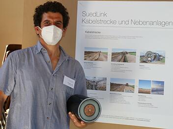 Christian Lüth von TransnetBW zeigt die Dimension des Kabels, das in der Südlinktrasse verlegt wird. Foto: Hilmar Ruppert