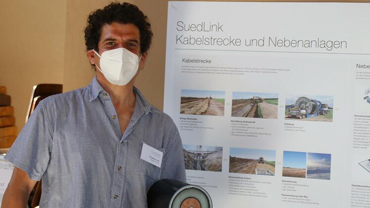 Christian Lüth von TransnetBW zeigt die Dimension des Kabels, das in der Südlinktrasse verlegt wird. Foto: Hilmar Ruppert
