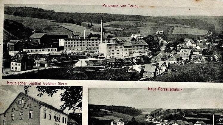 Ansichtskarte Tettau um 1915 mit der alten und neuen Porzellanfabrik.Repro: Gerd Fleischmann