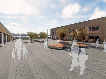 Der Entwurf zeigt den neuen Pausenhof zwischen Anbau (rechts) und neuer Sporthalle (links). Illustration: Baurconsult