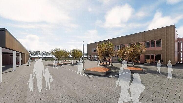 Der Entwurf zeigt den neuen Pausenhof zwischen Anbau (rechts) und neuer Sporthalle (links). Illustration: Baurconsult