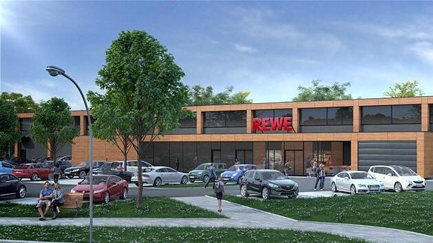 So soll der Rewe-Vollsortimenter am Aschacher Kreisel einmal aussehen.  Animation: Copyright RosBo GmbH,