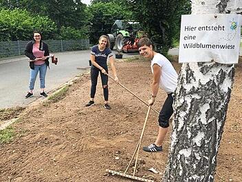 Christina Schnelle, Verena Haberkamm und Kita-Leiterin Marina Fleischmann (v. l.) halfen dabei, die Blumenwiese anzulegen. Foto: privat