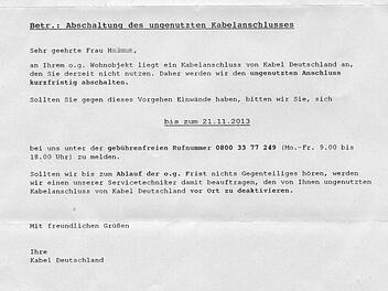 Verdächtiges Schreiben von "Kabel Deutschland" - ohne Firmenlogo und Kundennummer. Foto: privat