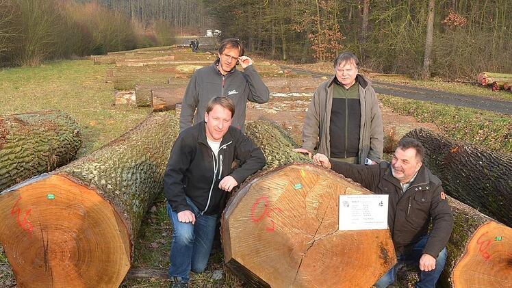 Präsentieren die Braut, den Stamm mit dem höchsten erzielten Preis je Festmeter (von links): Timo Schulz, Ralf Keller, Manfred Herter und Wolfgang Schultheiß. Foto: Rainer Lutz
