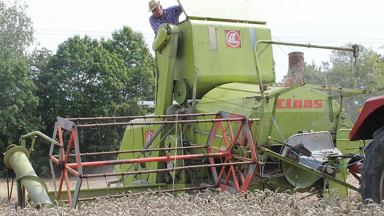 Der angehängte Claas-Mähdrescher verfügt schon über einen Körner-Tank. Foto: Janina Reuter