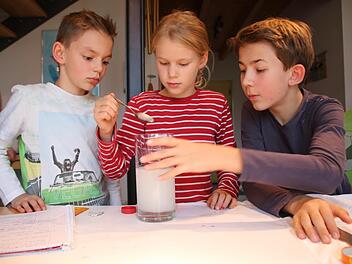 Spannend: Johann und Elisabeth Ruppert sowie Noah Troll beobachten die Reaktion von Flüssigkeiten. Foto: Ralf Ruppert