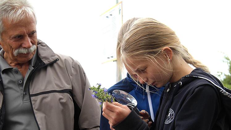 Josef Röhrle (links) erklärt den Kindern der 4b die Bedeutung der Pflanzen Fotos: Richard Sänger