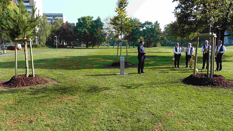Zwischen den drei Neuanpflanzungen setzt auch eine Gedenktafel ein Zeichen für die deutsche Wiedervereinigung. Foto: Stadt Bamberg
