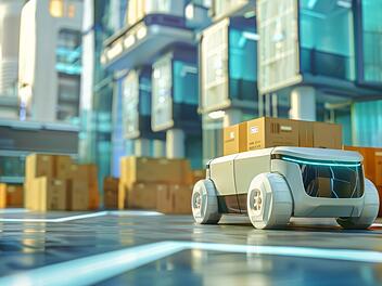 Ein innovatives Logistiksystem nutzt automatisierte Robotik und drahtlose Technologie für die autonome Lieferung von Versandkartons an Gebäude und nutzt Cloud Computing für mehr Effizienz
