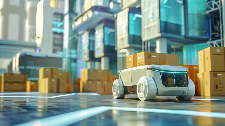 Ein innovatives Logistiksystem nutzt automatisierte Robotik und drahtlose Technologie für die autonome Lieferung von Versandkartons an Gebäude und nutzt Cloud Computing für mehr Effizienz