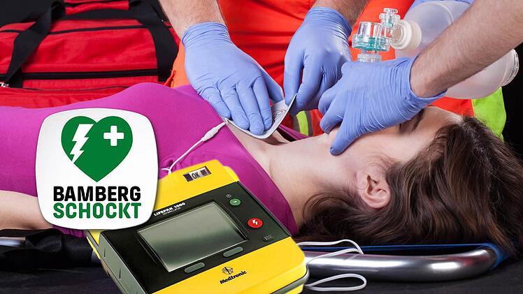 Ein Bild der Kampagne "Bamberg schockt": Solche Defibrillatoren sollen in Stadt und Kreis Bamberg Erste Hilfe erleichtern.  Foto: Shutterstock/Bamberg schockt