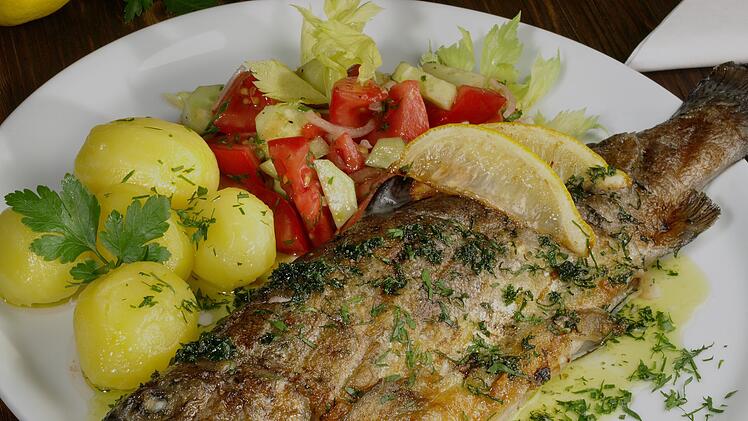 Ein gegrillter Fisch mit Zitronenscheiben, Kartoffeln und gemischtem Salat auf einem Teller, dekoriert mit frischen Kr&auml;utern.