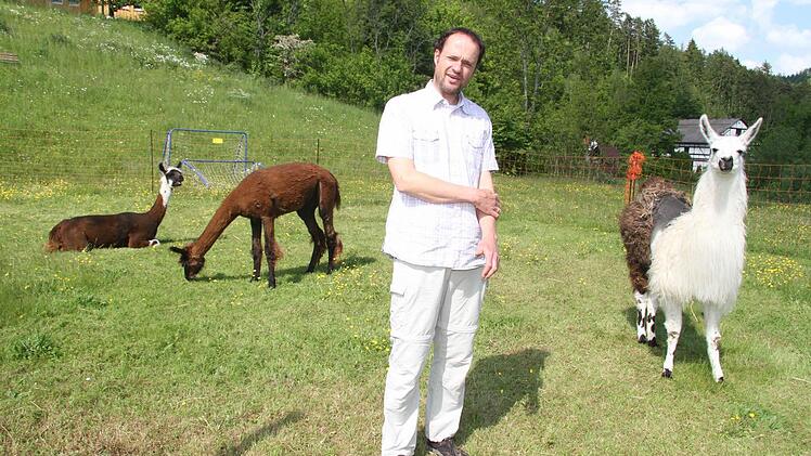 Samuel Müller ist fasziniert von den Lamas. "Lamas sind die Delfine der Weide", schwärmt er und erhofft sich gute Erfolge bei den Freizeiten mit ADHS-Kindern Foto: Sonja Adam