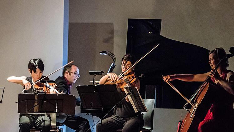 Faszinierende Kombination: Gemeinsam mit dem Bandoneon-Virtuosen Kostas Raptis musizierte das Flex Ensemble in Coburg. Zur Musik präsentierte Tosh Leykum Video-Sequenzen.Foto: Jochen Berger