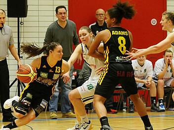 Trainer Steffen Dauer (hinten, Zweiter v.&nbsp;l.) versucht es an der Seitenlinie zu richten. Derweil geht es auf dem Parkett zur Sache zwischen den Bamberger Korbj&auml;gerinnen Daniela Vogel und Alina Hartmann (wei&szlig;e Trikots, v.&nbsp;l.) sowie Gina Gro&szlig; und Jamailah Adams (v.&nbsp;l., beide TV Saarlouis). Fotos: sportpress