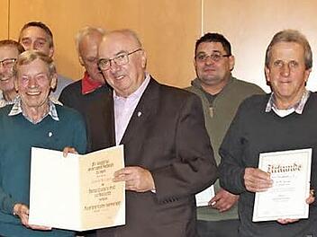 Die Geehrten mit Rudi Sitte (links vorne), dahinter Sebastian Kammerer, Jakob Stumpf (vorne, Dritter von links), daneben Walter Fellermeier; rechts vorne mit Krawatte und Anstecknadel Fritz Stumpf und hinten rechts Bürgermeister Karsten Fischkal und Willi Wahl  Foto: Johanna Blum