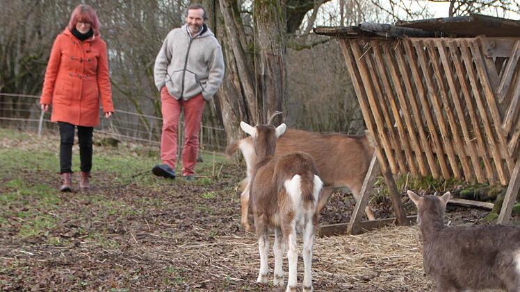 In Mitgenfeld daheim: Als Ausgleich zu seinem stressigen Job als selbstständiger Berater züchtet Alexander Beck Thüringer Waldziegen. Neben ihm läuft Anne Baumann, die bei Becks Assoziation ökologischer Lebensmittelhersteller für die Verbandskommunikation zuständig ist. Foto: Ulrike Müller