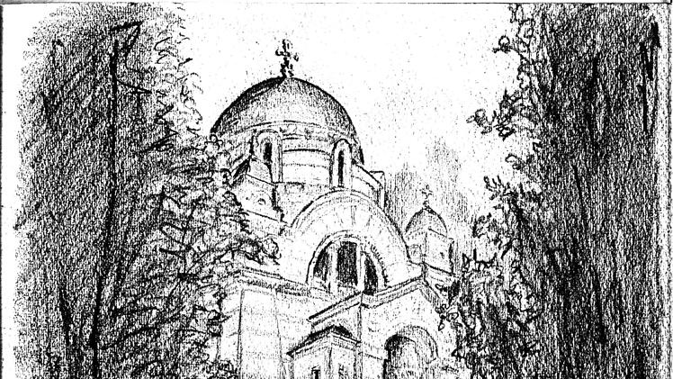 Am 7. Juli 1945 besuchte Gleb Rahr aus Dankbarkeit die russische Kirche in Bad Kissingen. Dabei fertigte er diese Zeichnung an. Foto: Familienarchiv Rahr