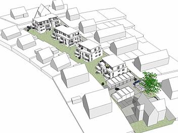 In etwa so könnte der Sonnenpark nach dem Bau der vier Häuser ausschauen. Viele Anwohner wohnen in Ein- und Reihenhäuser direkt nebenan und kritisieren die Kasernenblocks. Foto: Archiv/Grafik