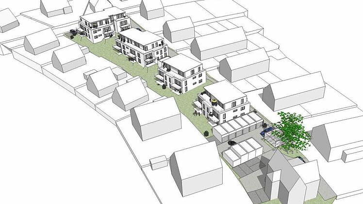 In etwa so könnte der Sonnenpark nach dem Bau der vier Häuser ausschauen. Viele Anwohner wohnen in Ein- und Reihenhäuser direkt nebenan und kritisieren die Kasernenblocks. Foto: Archiv/Grafik
